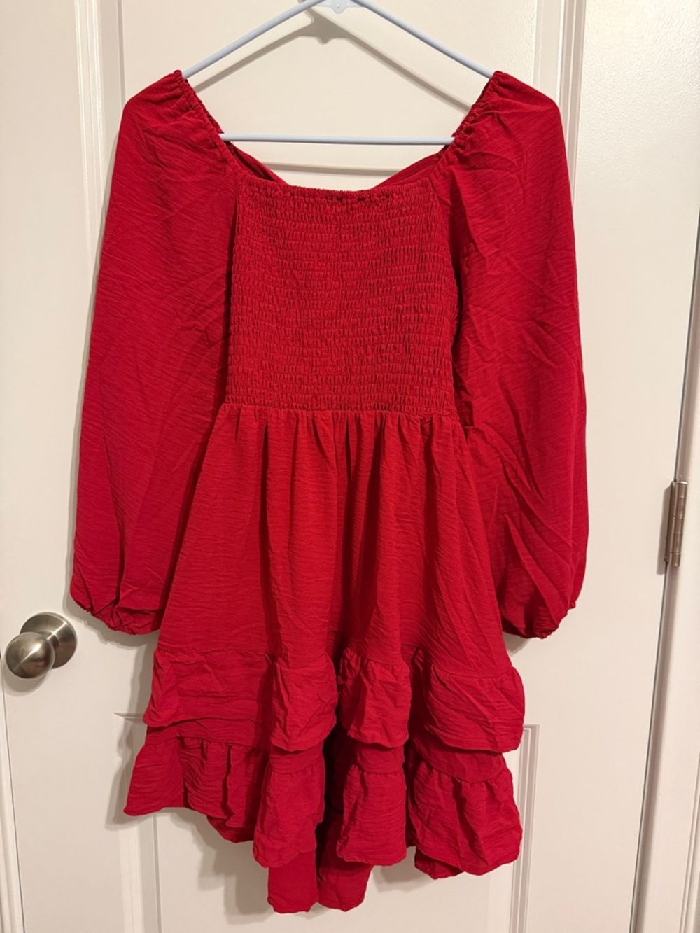 Girls Red Smocked Neckline Ruffle Tiered Dress
